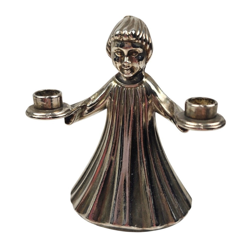 Vintage Silver Plated Angel Candle Holder Double Taper Figurine 3.25 Inch
